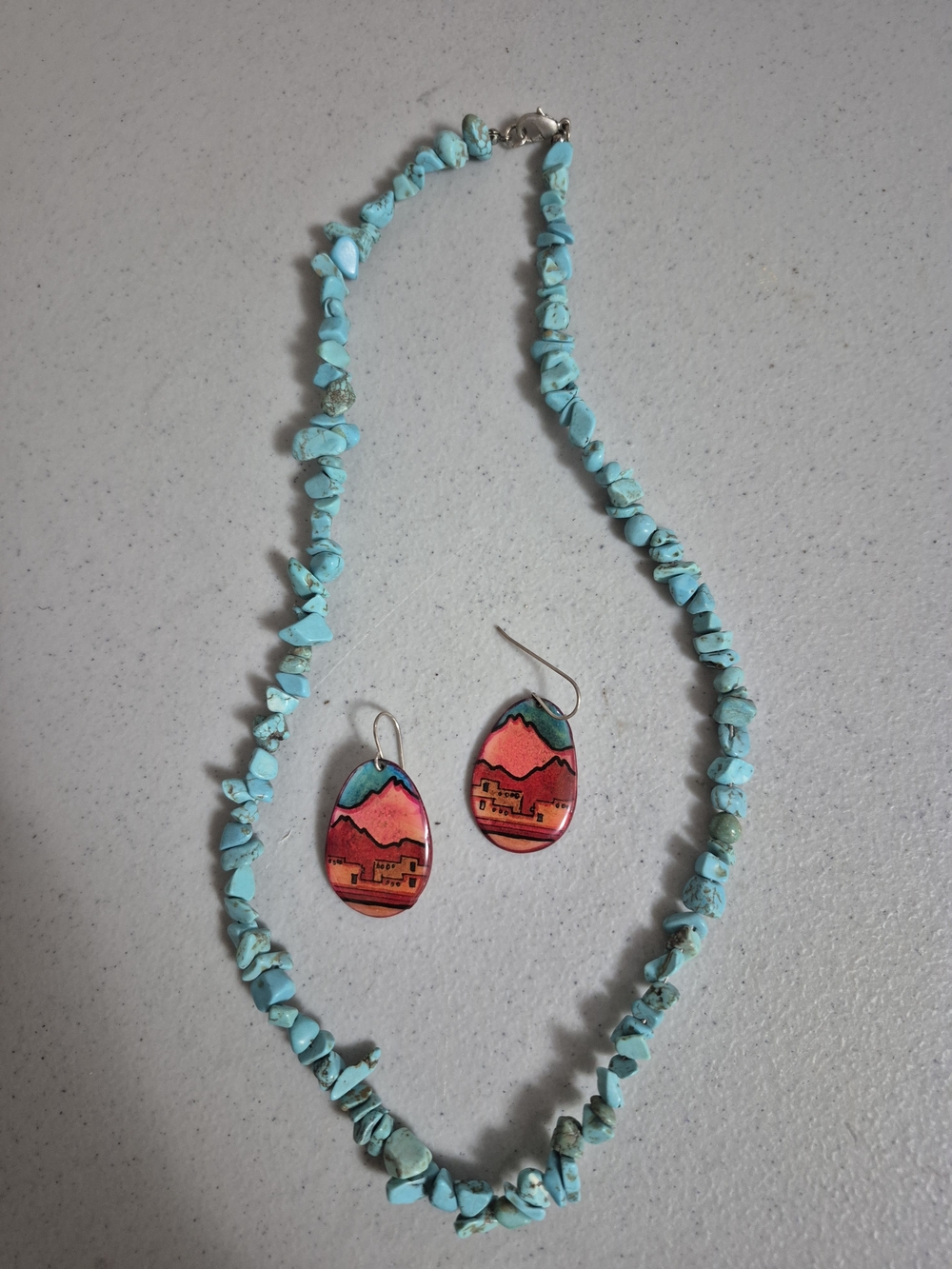 Turquoise Chip Necklace with Red Desert Scene Earrings - Boho Women’s Jewelry